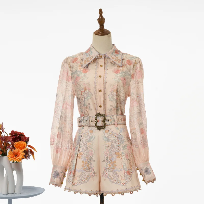   플로럴 패턴 셔츠 탑 하이웨이스트 팬츠 패셔너블한 의상 세트 엘레 벨벳 소재 롱 슬리브 드레스