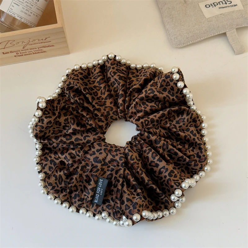 Korean High-end Leopard Print Large Intestine Scrunchie Female Pearl Lace Light Luxury Ponytail Head Rope