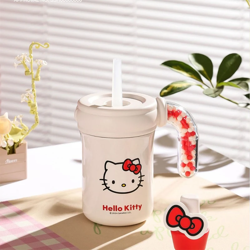 Vaso Hellokitty de 400Ml con asa, taza aislada de acero inoxidable con tapa y pajita, portabotellas para agua, taza de viaje amigable