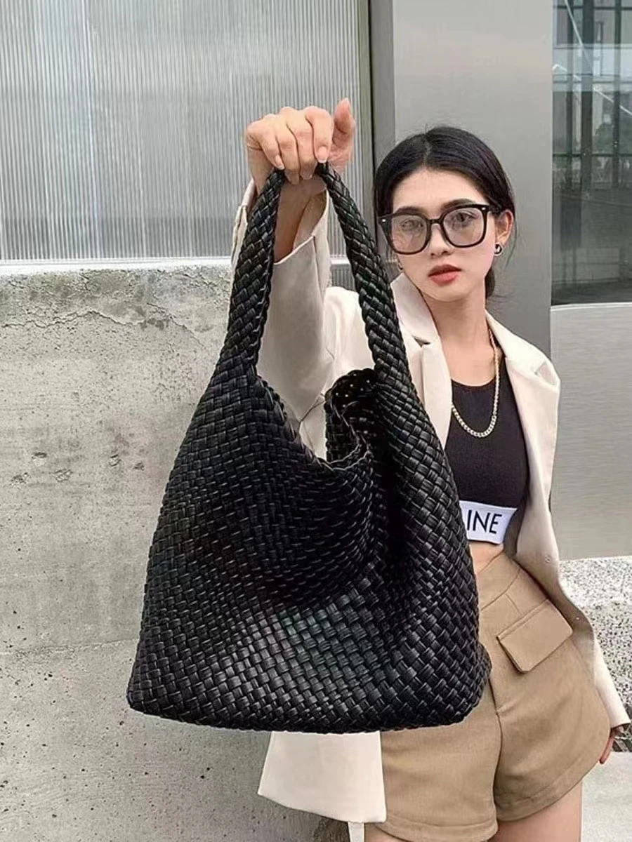 Handcrafted Leather Woven Bag Casual Korean Style Tote Single Shoulder Bag Soft Handle Large Size Pure Color Fashion