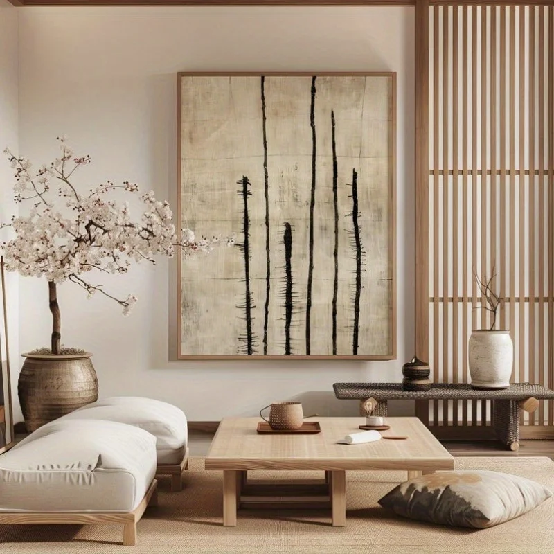 

2D/Flat Retro 2D Printed Picture Wabi Sabi Canvas Art Work, Frameless Minimalist Beige Poster for Living Room and Bedroom Decor