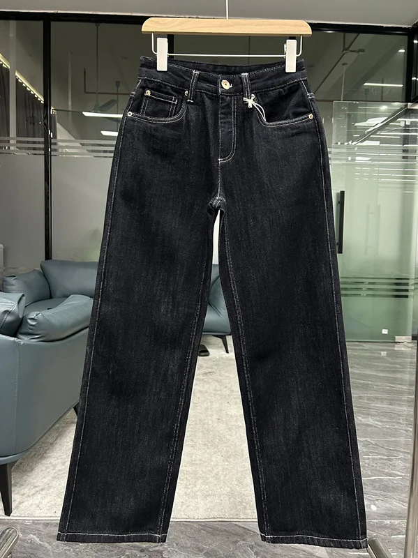 Jenny&Dave Vintage Navy Mom Jeans Women's Mid-Waist Blue and Black Non-Fading Fleece-Lined Straight Denim Pants Woman Clothes - view 3