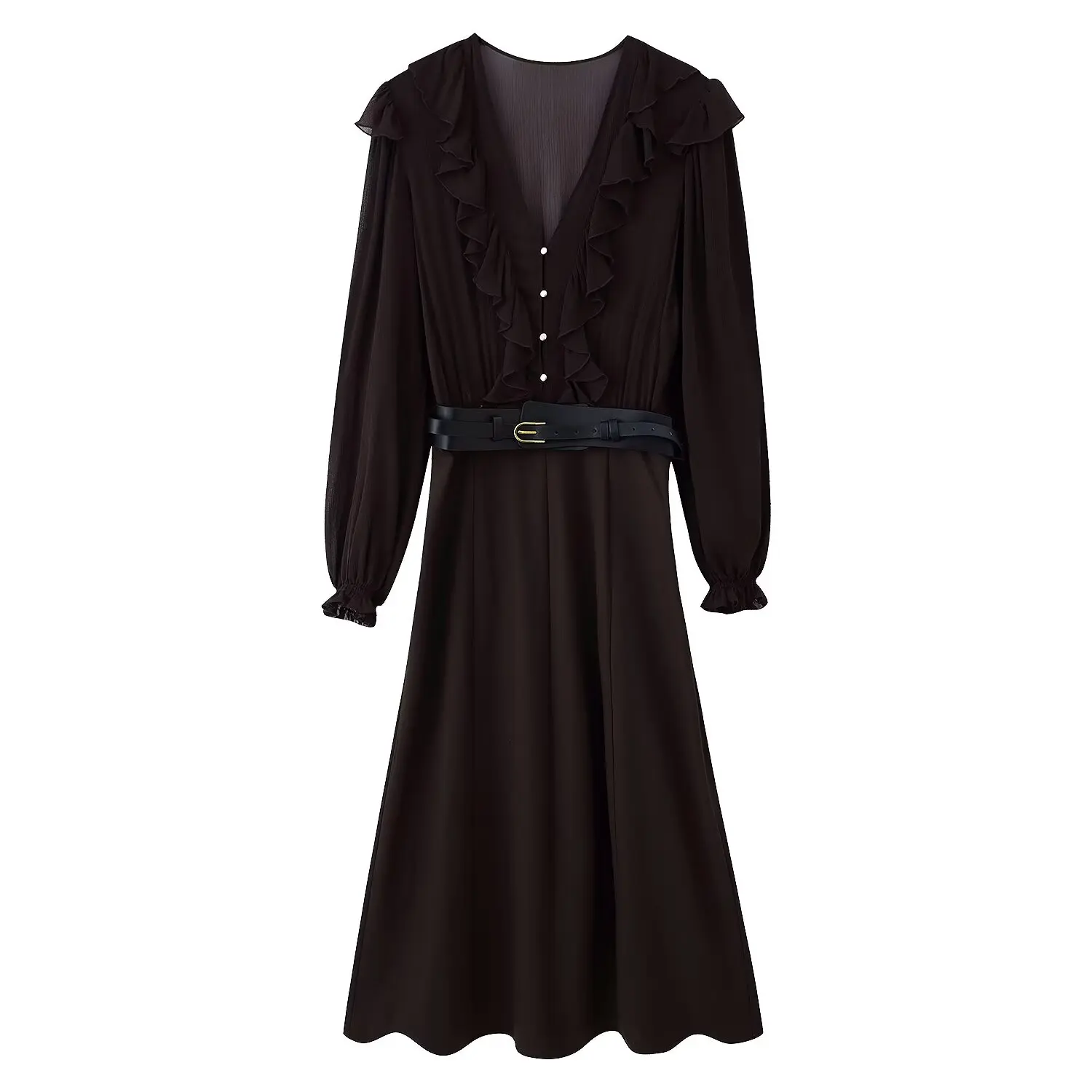 New Autumn Winter Women's Midi Dr with Belt ZR Sle Streetwear Long Sve V-Ne A-Line Skirt Ci Commute Suitable