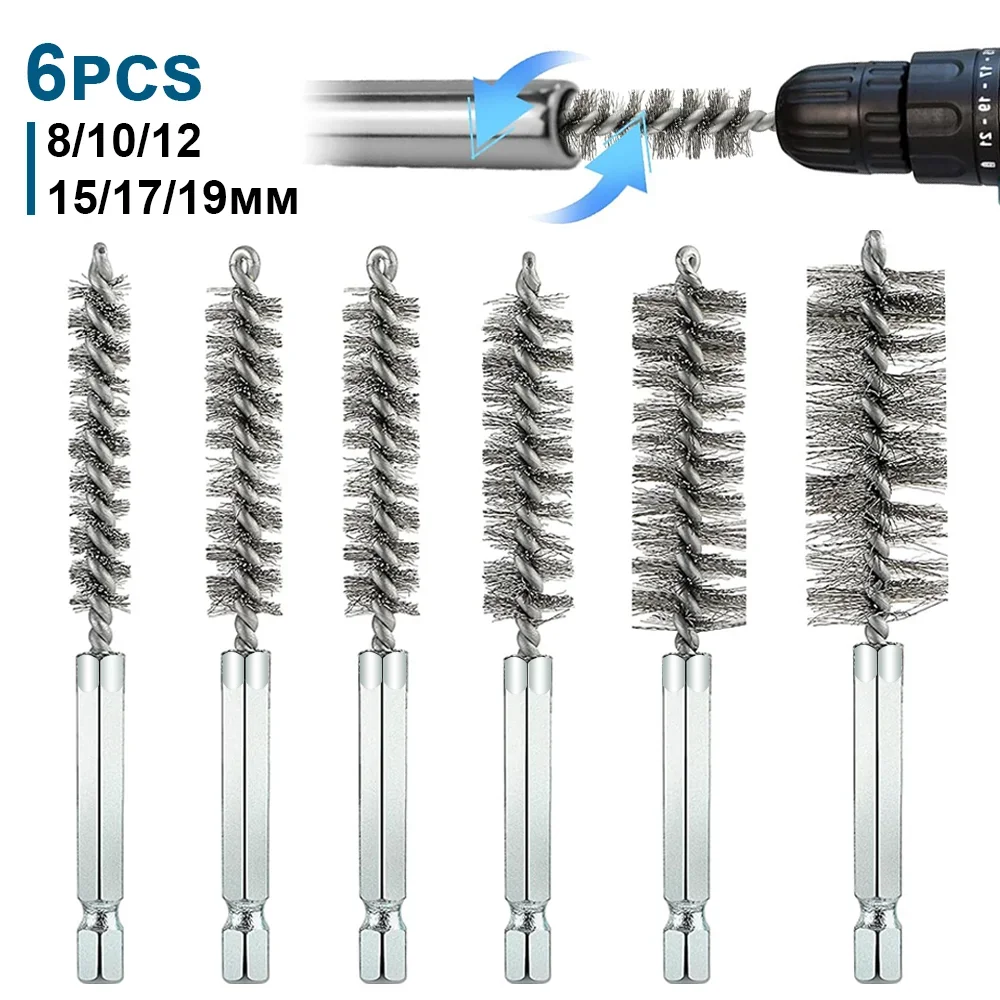 

6 Pcs Stainless Steel Cleaning Brush Set 1/4" Hex Bar Twisted Wire Hole Brush for Power Drill Impact Driver(8/10/12/15/17/19 mm)