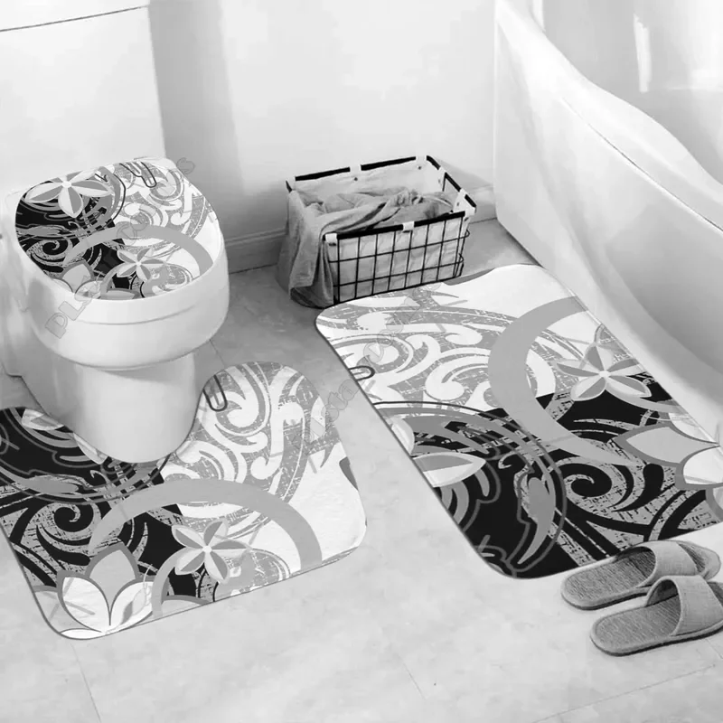 Polynesian home set-Polynesian floral abstract bathroom set 3D printed bathroom pedestal rug lid toilet cover bath mat set