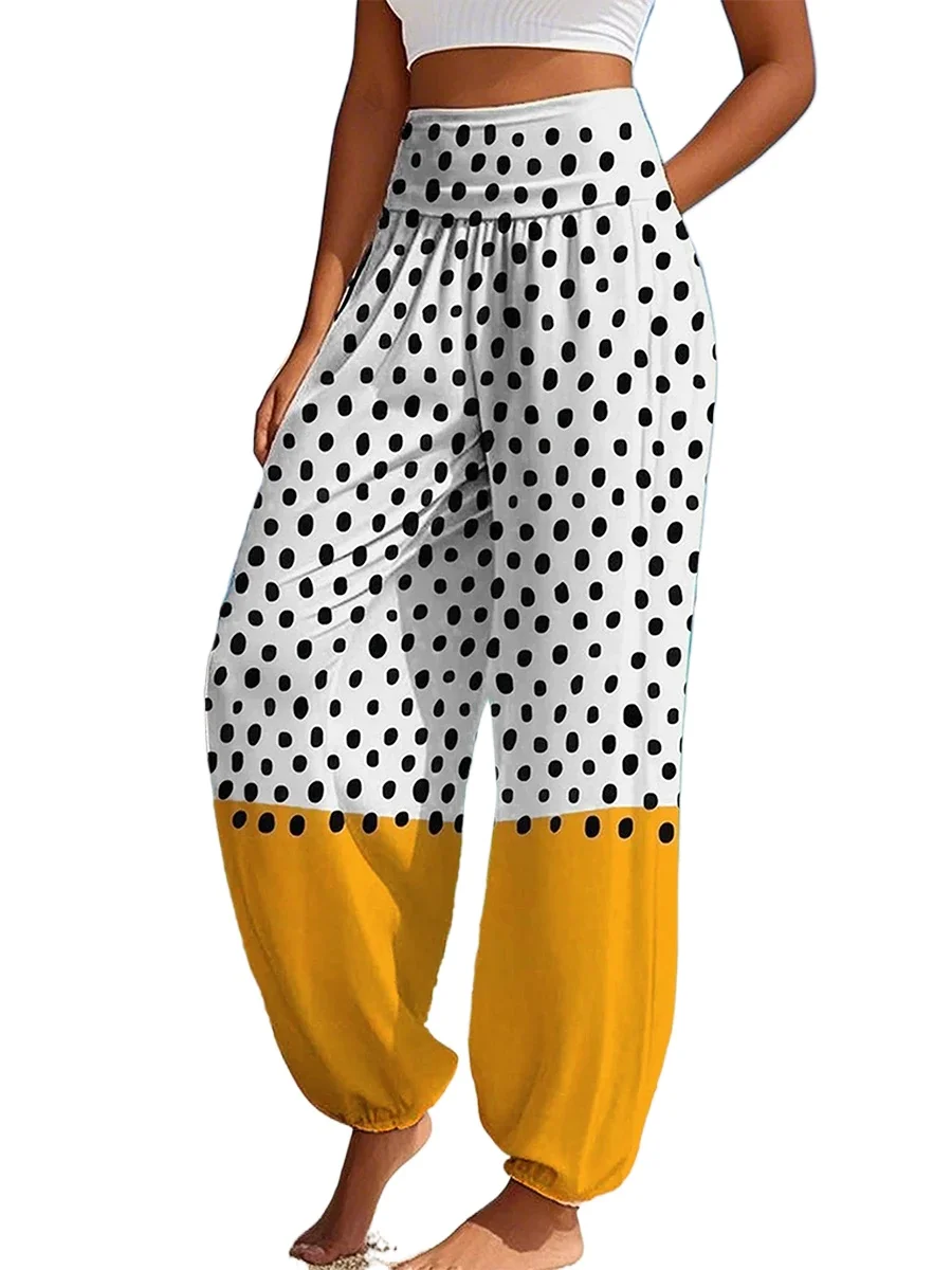 Autumn Women Boho Polka Dot Color Block High Waist Loose Harem Pants Elastic Waist Bloomers Baggy Trousers Casual