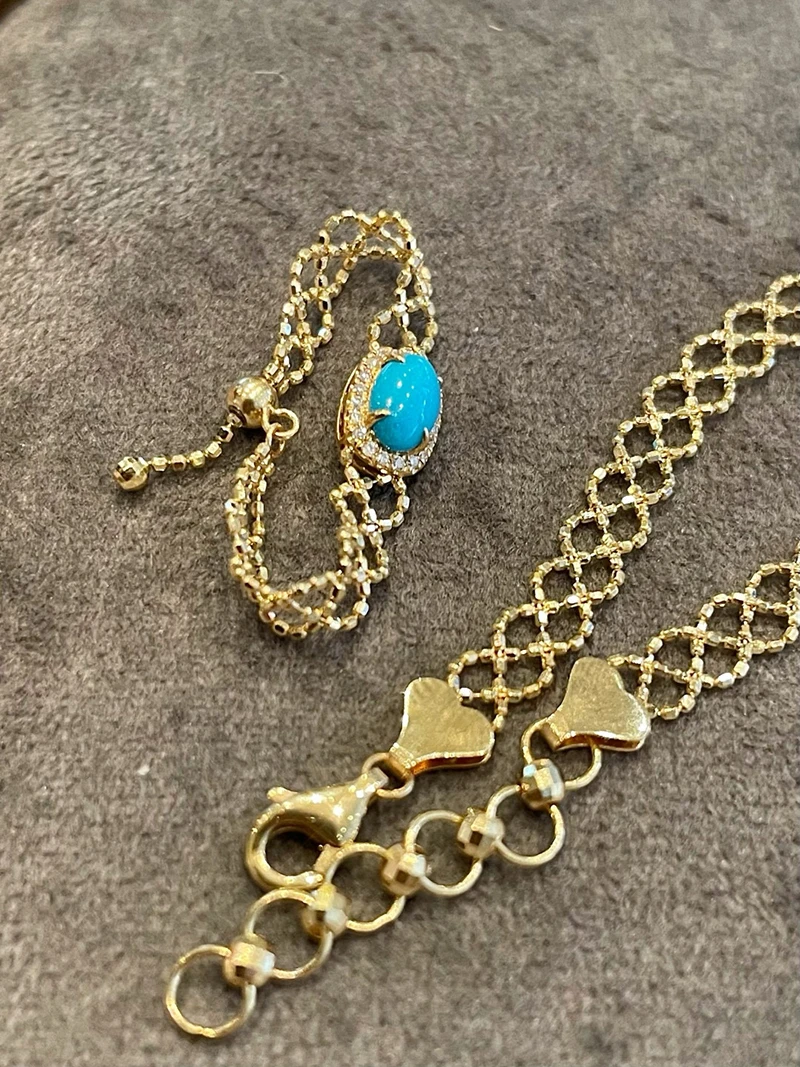 LUOWEND Bracciale in oro giallo 100% 18 carati Design in pizzo vintage Diamante lucido Bracciale e anello con turchese naturale per gioielli da donna