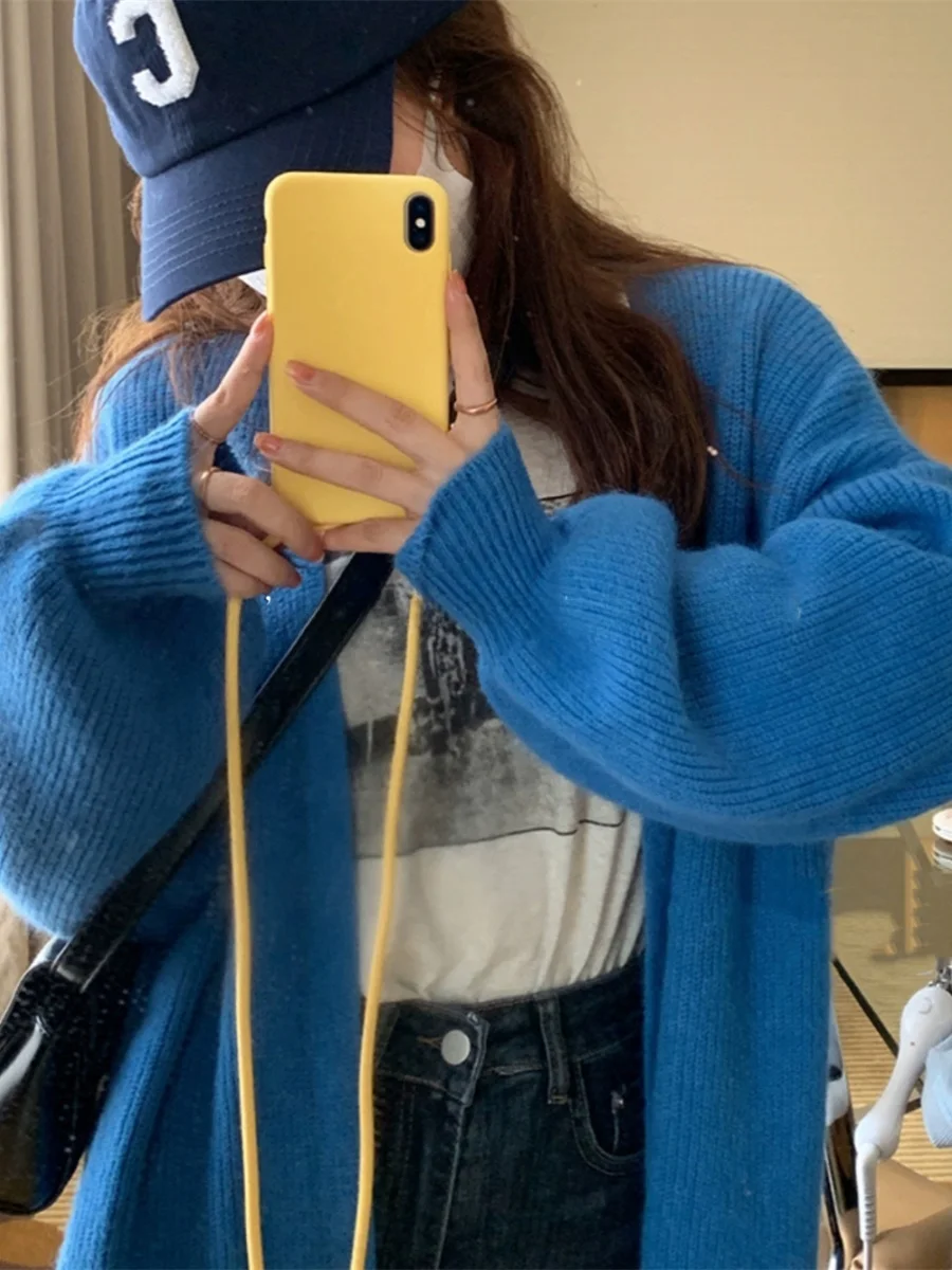 

Koderly синий длинный свободный вязаный кардиган, винтажный универсальный тяжелый рабочий женский свитер на пуговицах, пальто