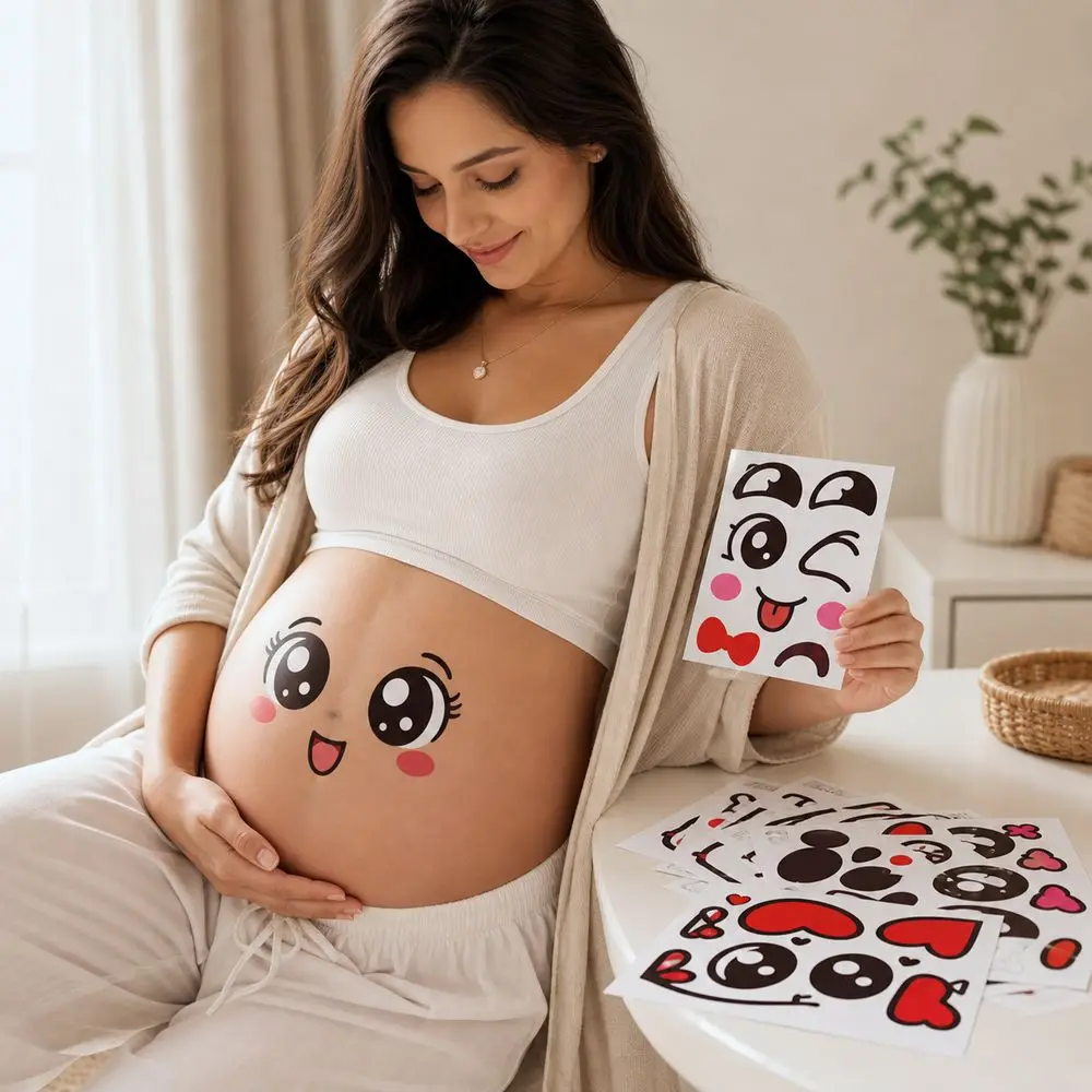 9PCS/Set Self Adhesive Pregnancy Belly Stickers Peel and Stick Cartoon Face Pattern Maternity Belly Stickers Cute Expressions