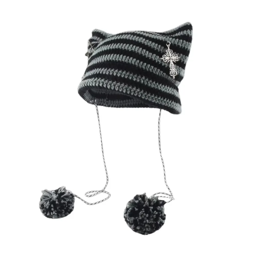 Women's Hats Y2K Cute Y2K Beanie Hat Striped Devil Ear Cat Star Devil Hat Autumn Winter