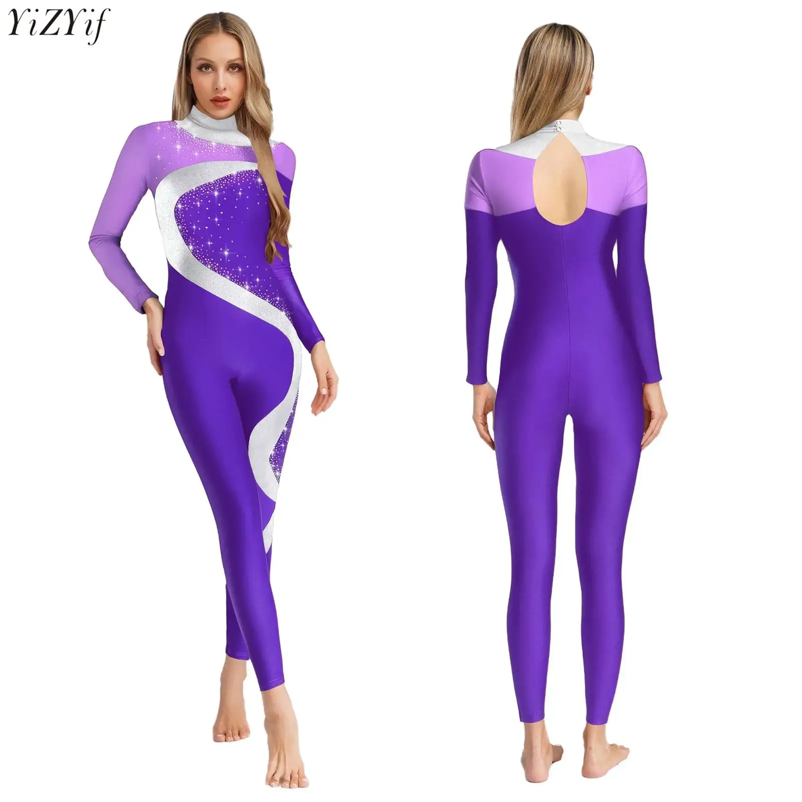 

New Womens Gymnastics Jumpsuit Unitard Mock Neck Long Sleeve Back Hollow Out Shiny Sequins Bodysuit Ballet Dance Skating Rompers