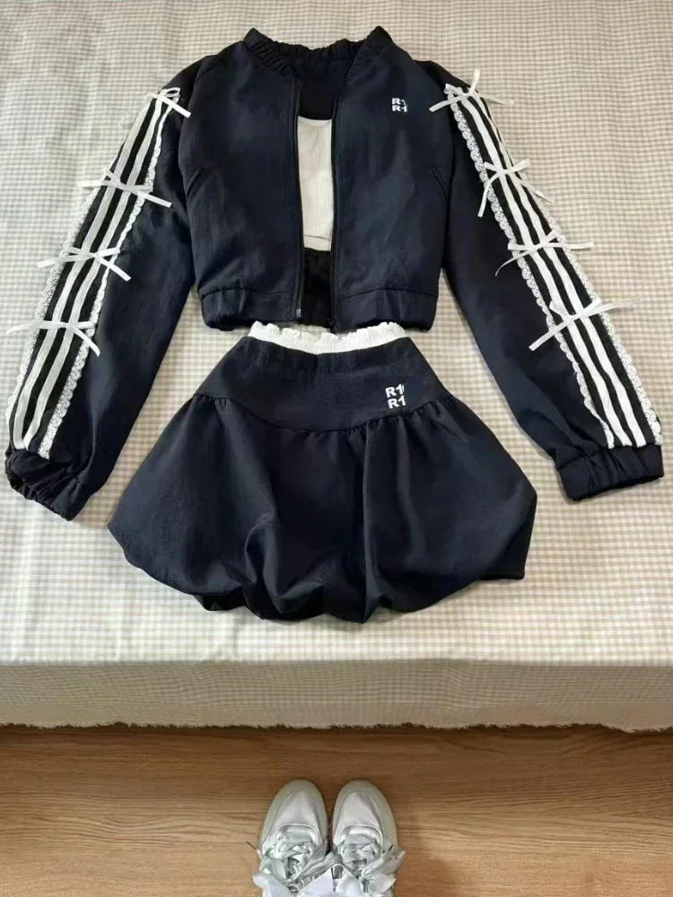 American Style Street Trendy Two Piece Skirt Set Women Sexy Sport Wear Coat + Mini Skirt Suit Female High Street Chic Sets 2024