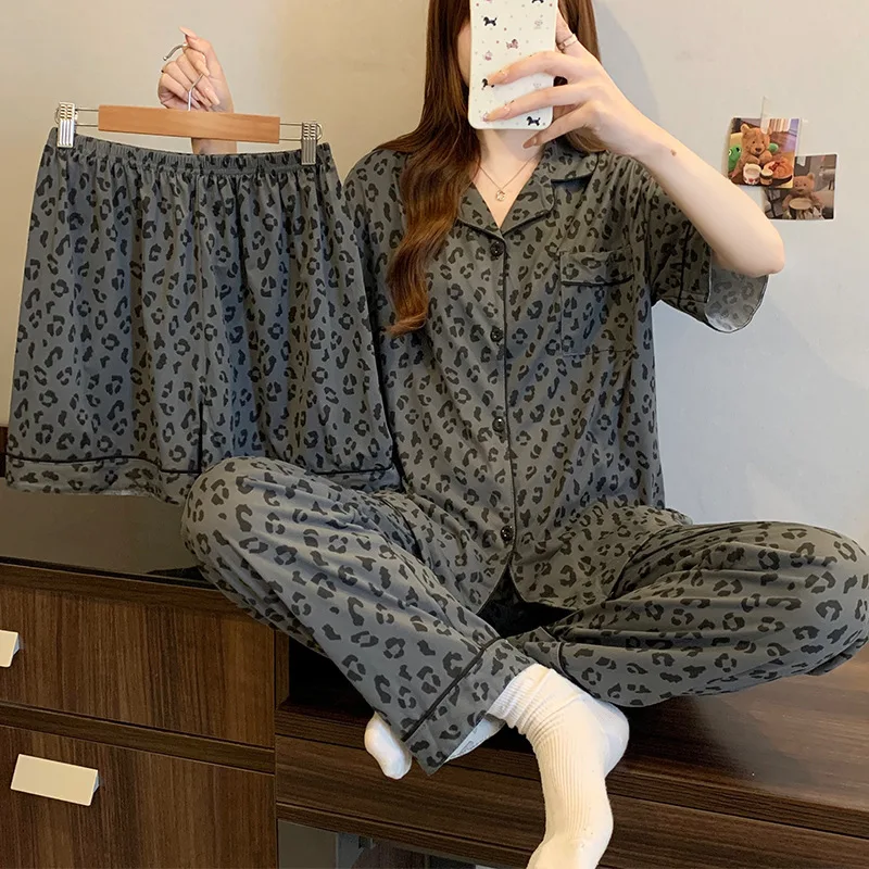 Women's Senior Sense of Leopard Print Spring and Summer Pajamas Three-Piece Girl American Retro Short-Sleeved Loungewear Set