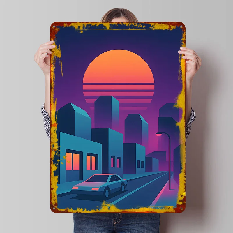 Synthwave-Stadtlandschaft mit Sonnenuntergang und Auto-Druckposter, personalisierte Retro-Wandkunst, Vintage-Metallschilder für Fans und Gamer-Dekoration