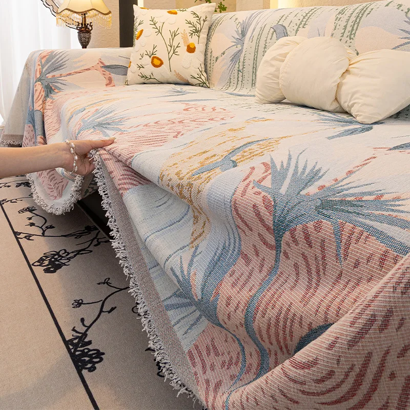 Chenille Printed Sofa Cover Full Coverage with Tassel Furniture Slipcover All-Season Anti-scratch Sofa Blanket Seat Dust Covers