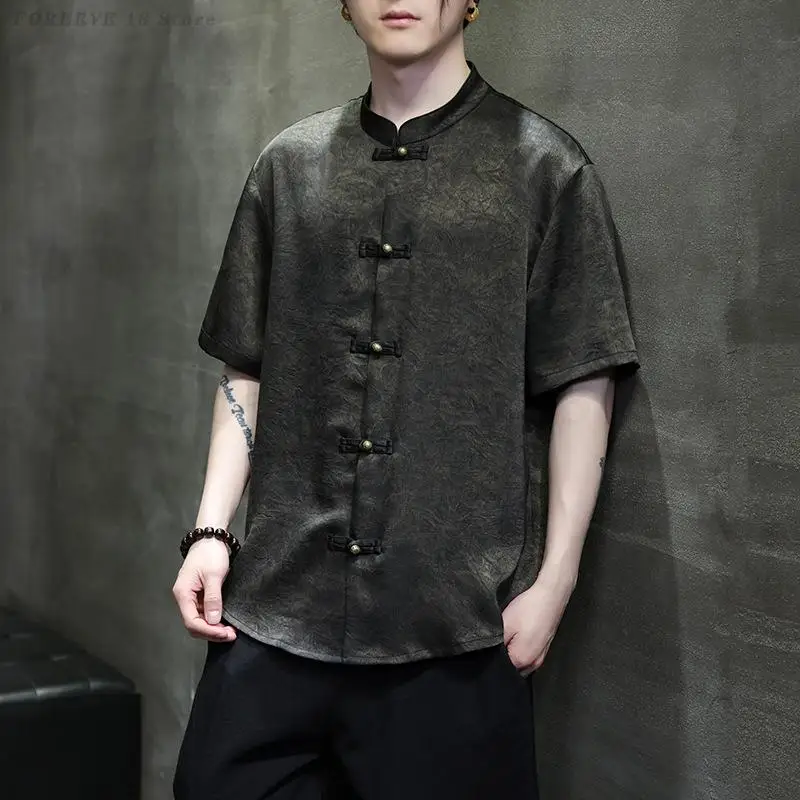 Chinese Style Men's Tang Suit Shirts Plus Size 5XL Traditional Vintage Button Top Casual Loose Hanfu Blouse Satin Jacquard Coat