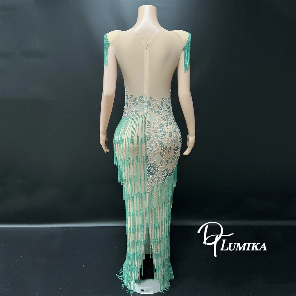 DTLumika vert glands longue gaine robe de soirée perles cristaux robes de soirée robes de Cocktail avec des glands robe de soirée de Cocktail