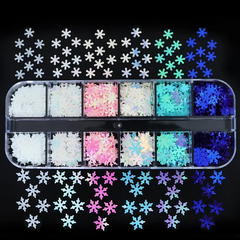 Winter Blue Snowflake Nail Art Decorations Iridescent White Glitter Flakes Sequins Manicure Supplies Christmas Nails Accessories