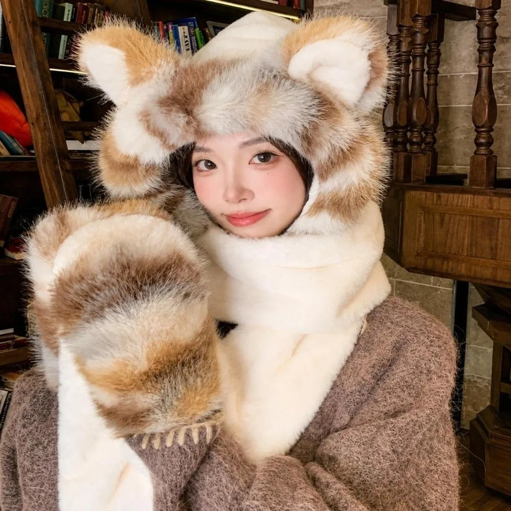 3-in-1 Design Hat Scarf Gloves Set Thick Faux Fur Winter Hat Scarf Mitten Set Windproof Warm Lining Fluffy Soft