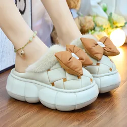 New Autumn waterproof mules shoes for women winter fluffy bow slippersoutoor fur slides  fashion 6 cm platform home slipper