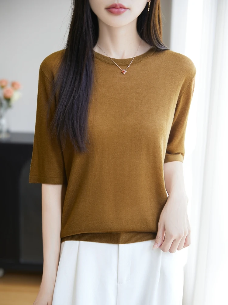 ฤดูร้อนใหม่ผู้หญิง O-คอสีทึบครึ่งแขนน้ําหนักเบา Breathable Pullover Merino เสื้อขนสัตว์สไตล์เรียบง่าย Basic Tops