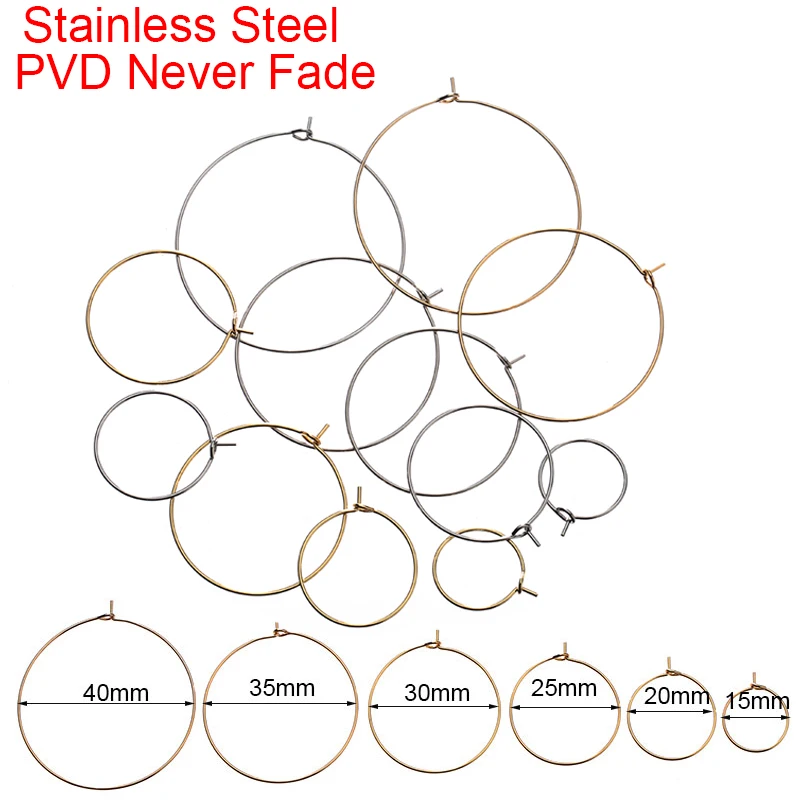 

10pcs PVD Never Fade Stainless Steel Circle Earrings Hooks Hypoallergenic 15 20 25 30 mm Earring Clasps For Diy Jewelry Supplies
