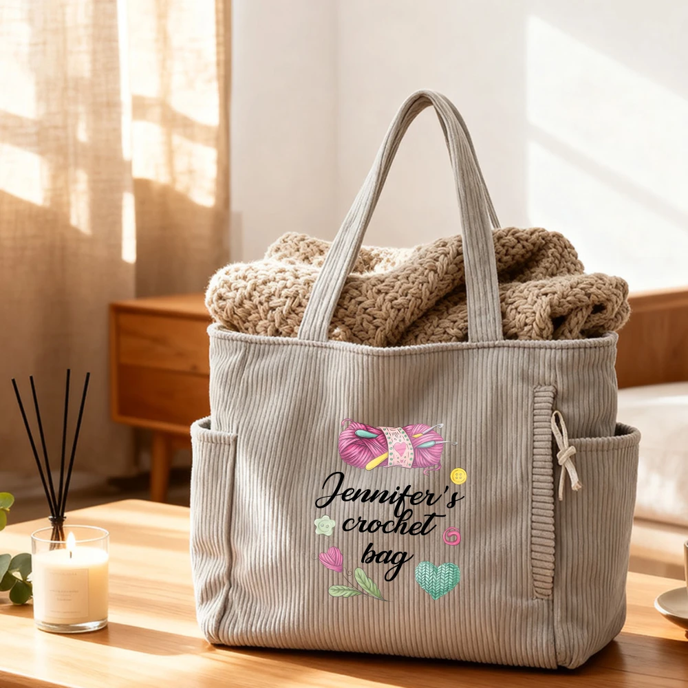 

Casual Corduroy Handbag with Zipper Closure Large Capacity Fixed Shoulder Strap Daily Commuter Handbag Women's Tote Bag