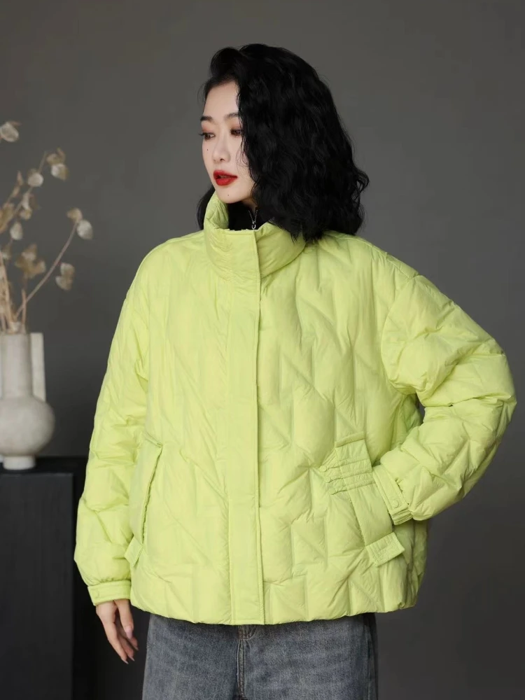 

Women's Stand Collar Short Down Jacket, White Duck Down, Warm Outwear, Vintage Loose Overcoat, Large, Autumn, Winter, New