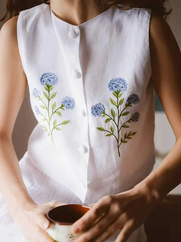 2026 Summer Breathable Cotton Linen Embroidered Sleeveless A-Line Long Skirt Set Women's Fashionable Two-Piece Outfit