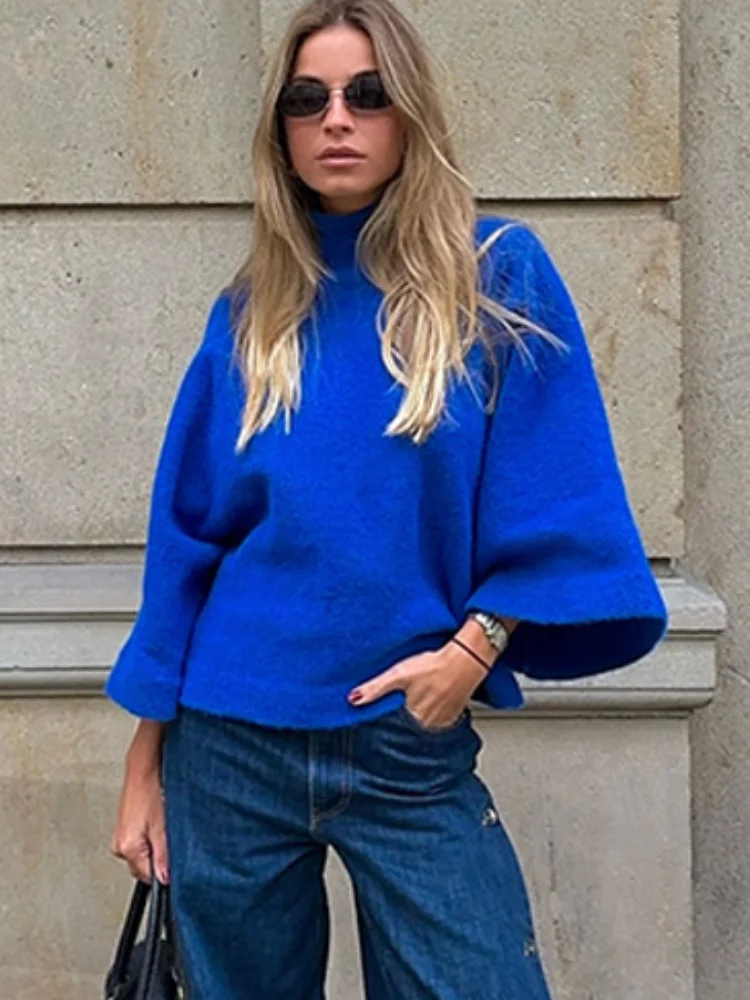 

Модный вязаный свитер с высоким воротом для женщин, свободный крой, рукава-фонарики, укороченный пуловер, женская новинка весны 2026, уличный стиль, трикотаж