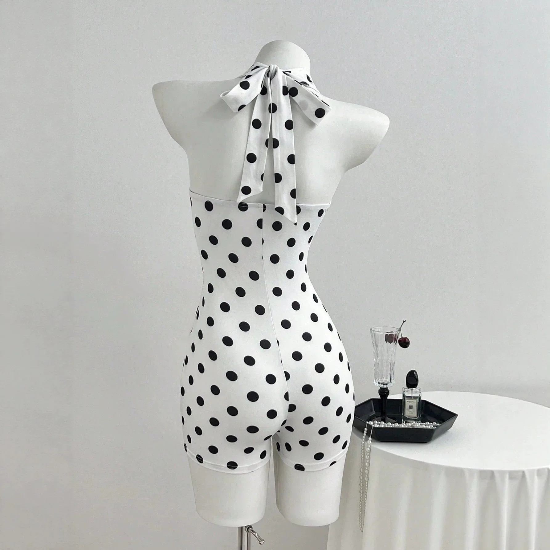 Jumpsuits Women One Piece Halter Sleeveless Print Dot Overalls Short Pants Tight Waist Rompers Y2k Streetwear Jumpsuit Work