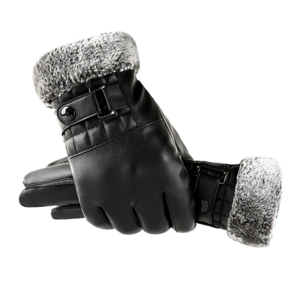 

Pu Gloves Touch Screen Windproof Warm Thicken Men Sports Gloves Free Size Black Anti Slip Snap Design Light Weight Comfortable