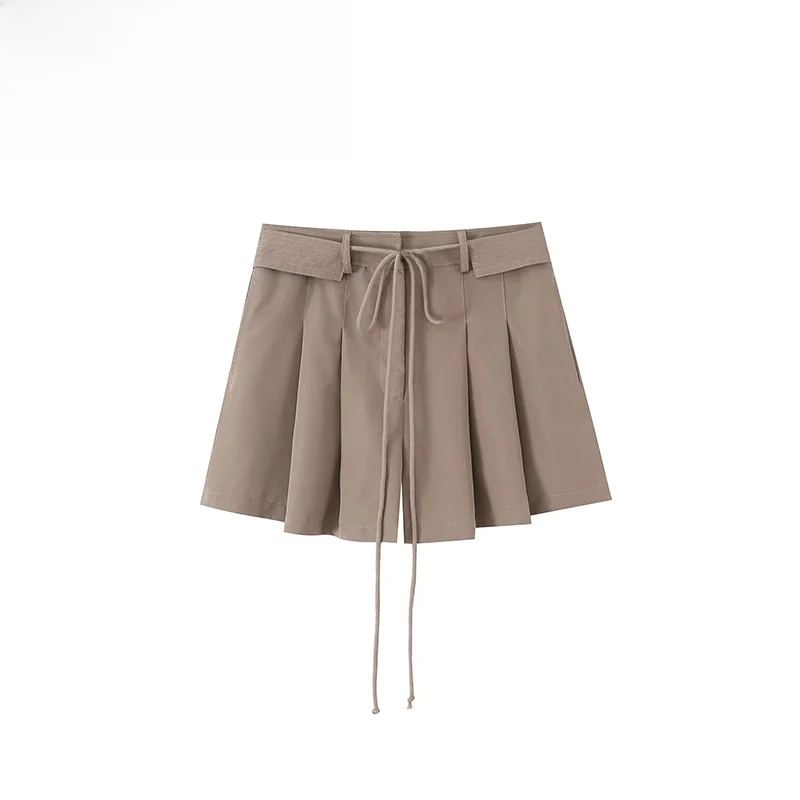 

Fashionable Versatile ZR Summer New Women's Clothing Design Knot Waist Belt Pleated Shorts Wide Leg Pants Natural Waist Polye...