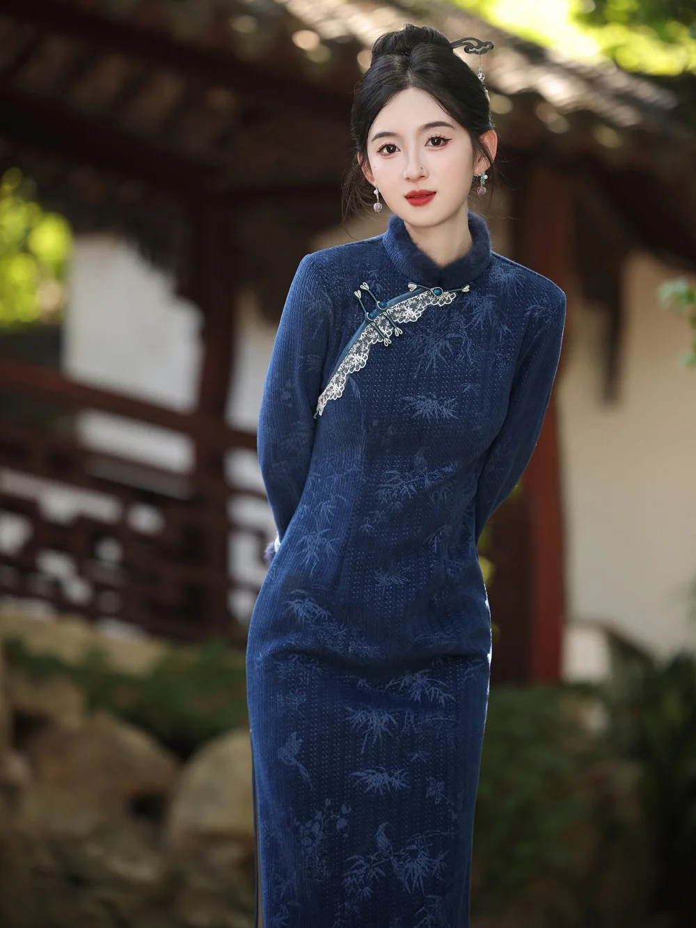 

Осенне-зимнее новое Ципао для молодых девушек в китайском стиле в стиле ретро, новый китайский стиль, синее Ципао с длинными рукавами