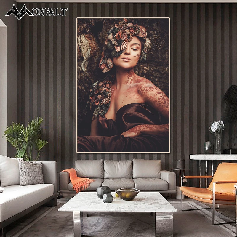 Nymph Woman In The Flowers Forest Nordic Tattoo Girl Portrait Canvas Scandinavian Painting Wall Art Poster and Prints Decoration