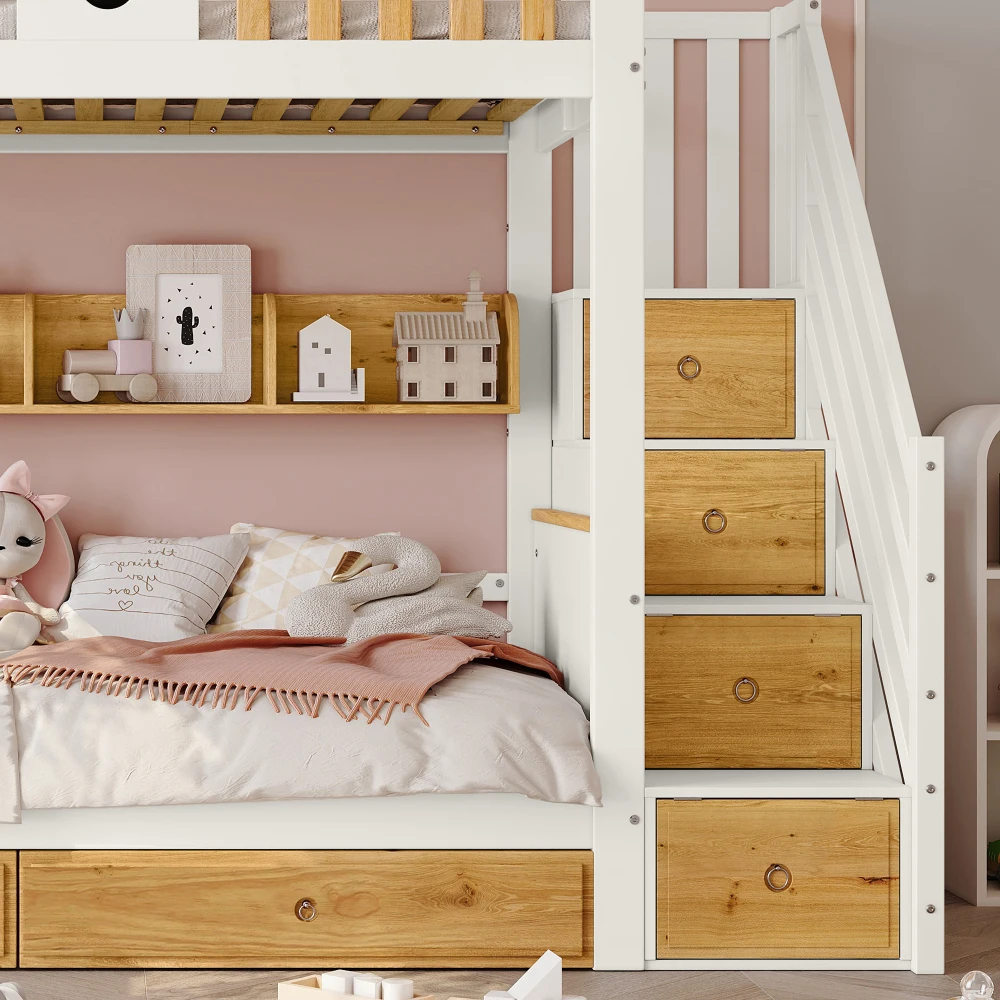PINGGO Weißes Naturholz-Etagenbett 90x200cm mit Stauraum-Treppe, 4 Schränken, 2 Schubladen, offenem Regal, Fallschirmgitter, Kiefer+MDF, ohne Matratze – Detail 18