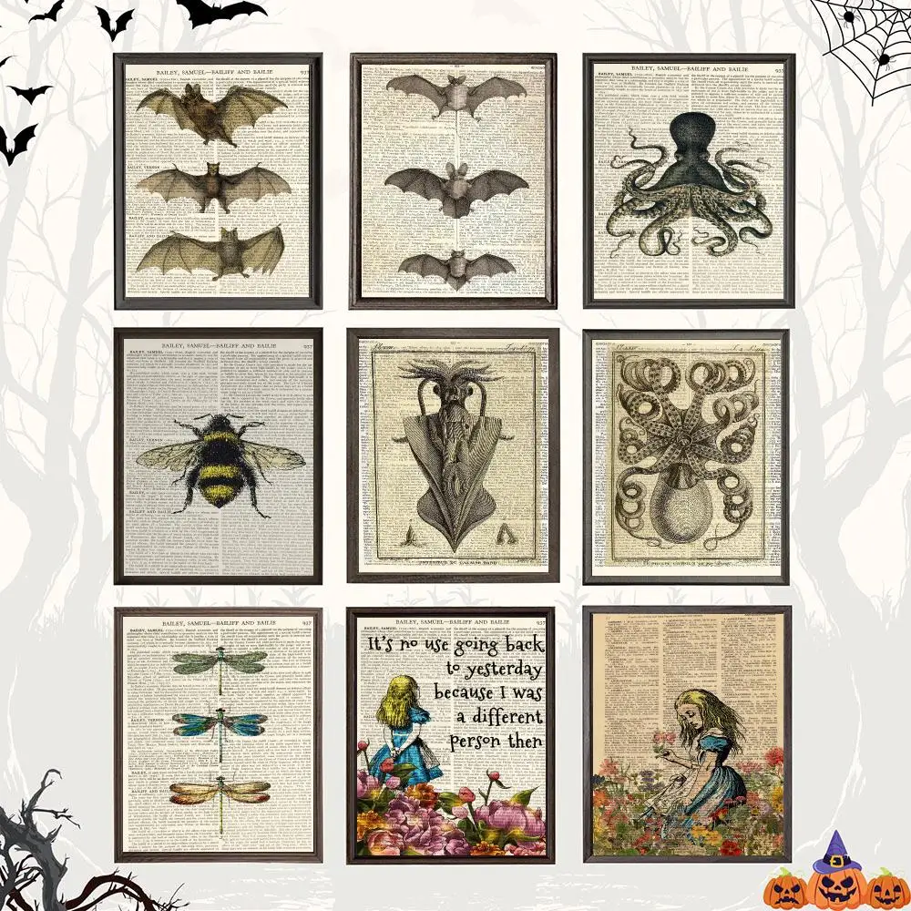 Bat Skeleton Dark Gothic Odd Scary halloween Poster Wall Art Print Vintage Dark Aesthetic Gothic Poster Spooky Home Decor