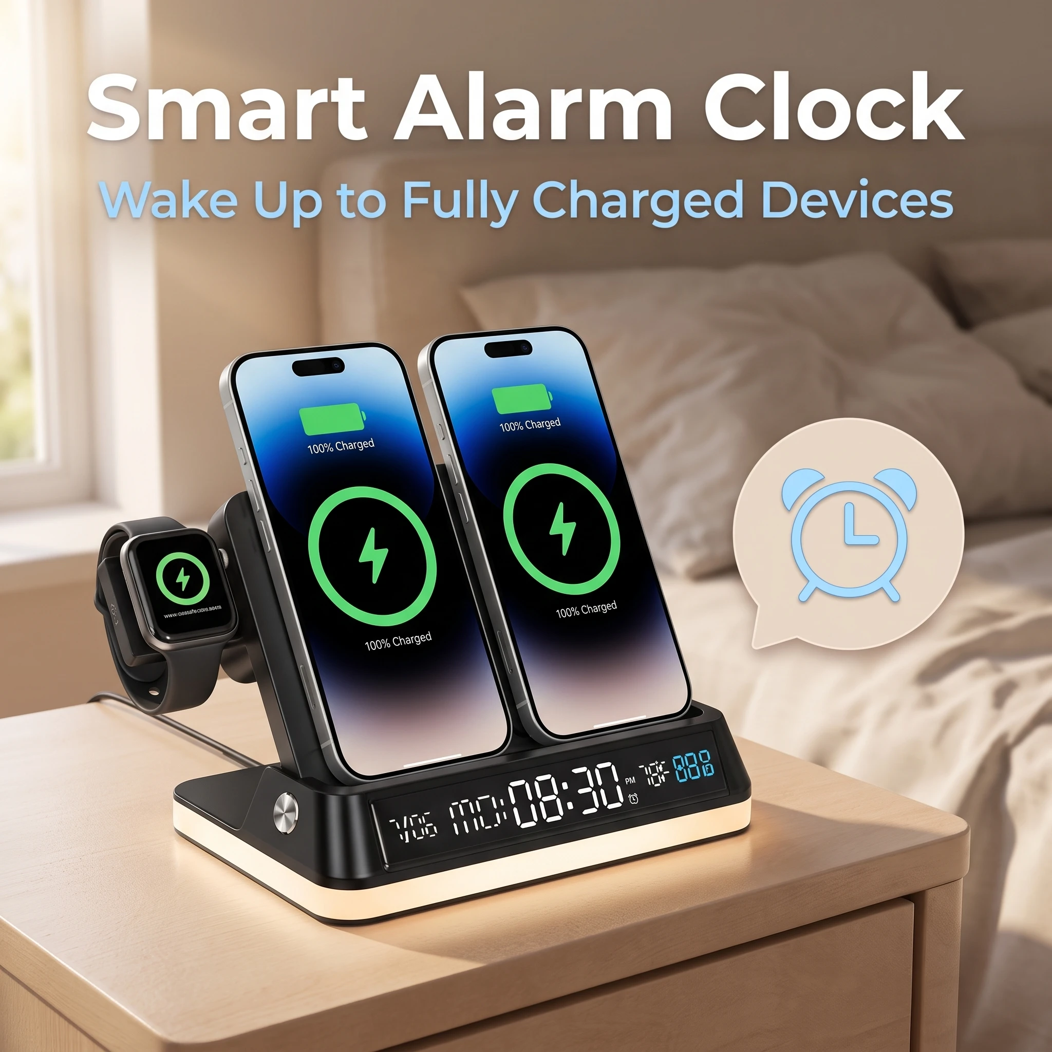 Domars Wireless Charging Station Dual Phone Wireless Charger Stand With Digital Alarm Clock Temperature Display Night Light