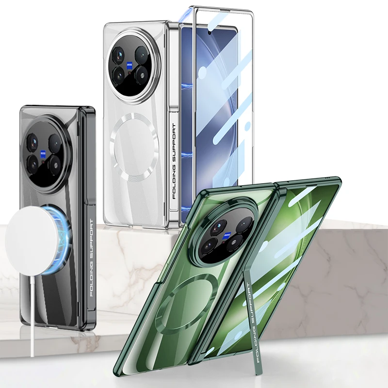 For Vivo X Fold 5 Magsafe Case Transparent Electroplated Magnetic Suction Wireless Charging Fold Hinge Bracket Shockproof Cover