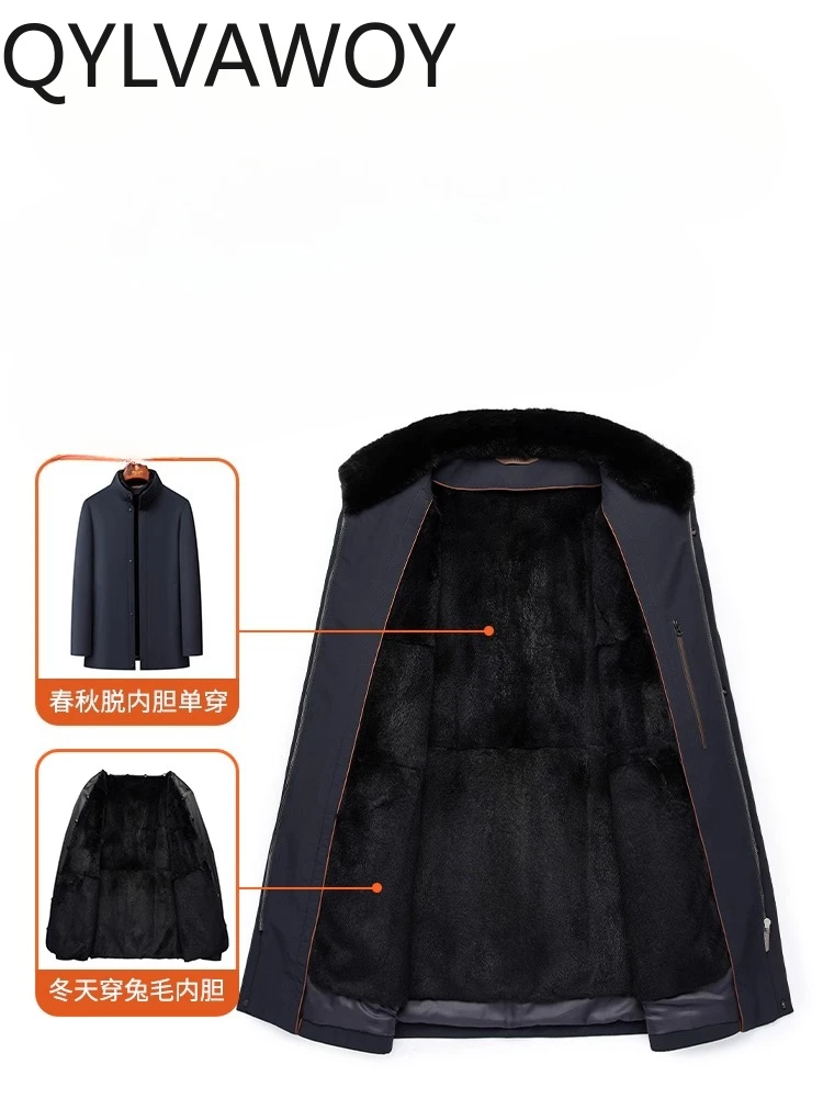 QYLVAWOY Jesienno-zimowa, średniej długości, ocieplana futrem króliczym Niekefu (płaszcz z futrzaną podszewką) Parka odporna na zimno, futrzana odzież wierzchnia LJ2591
