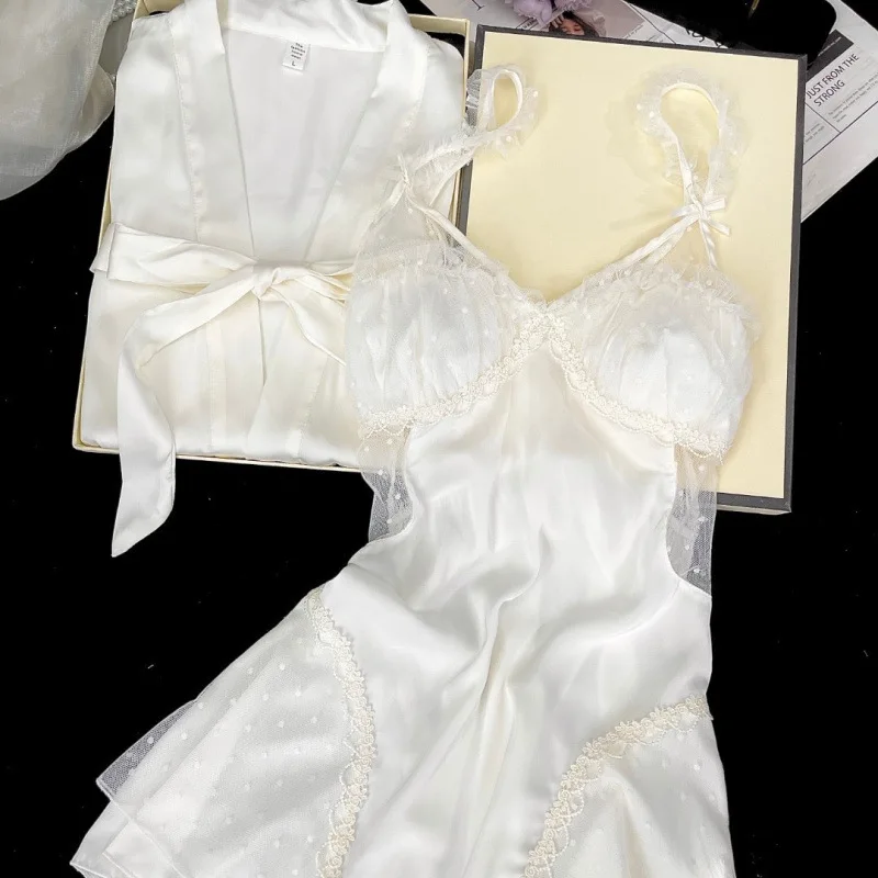 

Комплект ночной одежды в дворцовом стиле: халат и ночная сорочка из 2 предметов, женский атласный халат с кружевными вставками, короткое кимоно, домашняя одежда для женщин