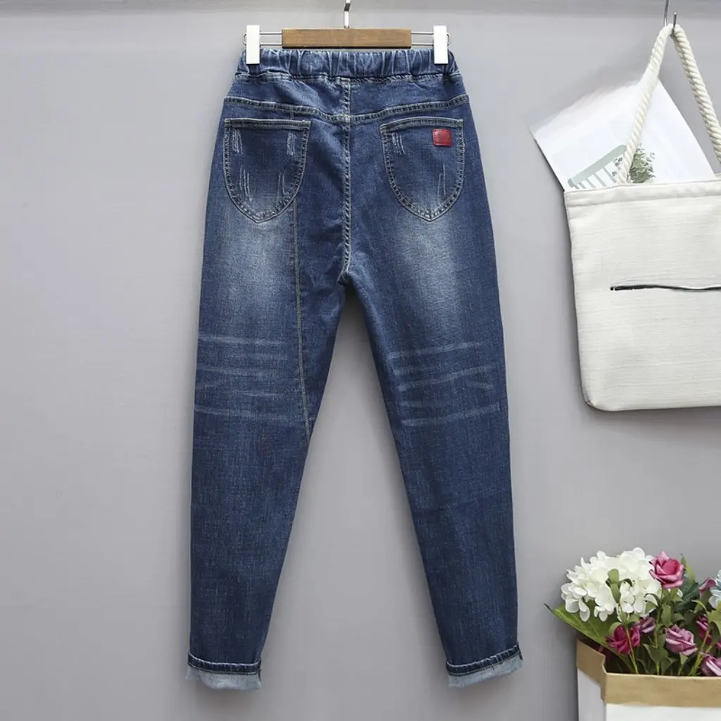 

Large Size Stretch Denim Pants for Women High Waist Loose Slim Elastic Autumn Winter Fashion 200kg Capacity Harlan Radish Style