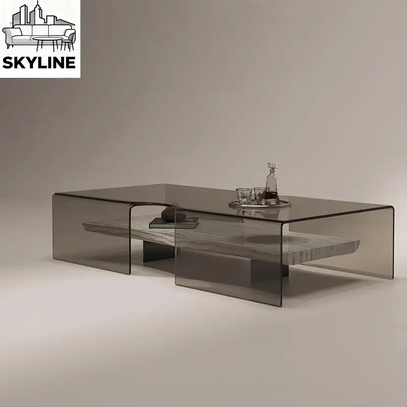 

Minimalist Coffee Table Style Natural Marble with Glass Top, for Small Space Living Room, Customizable