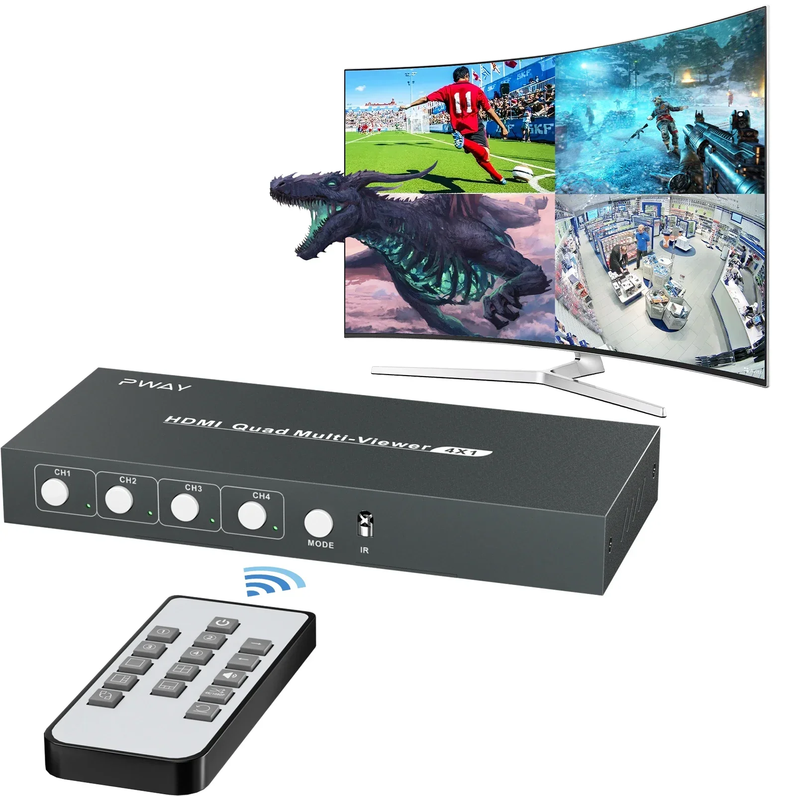 Divisor de Tela/Switch, Multivisualizador HDMI, 4 Port, 4K Viewing Quad, Multi-Viewer com Extrator de Áudio para Câmera de Segurança