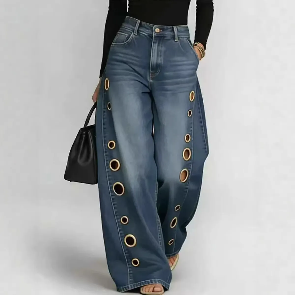 Washed Loose Fit High Waist Jeans Elegant and Graceful with Lolita Style Patterned Regular Thickness Full Length Women Pants