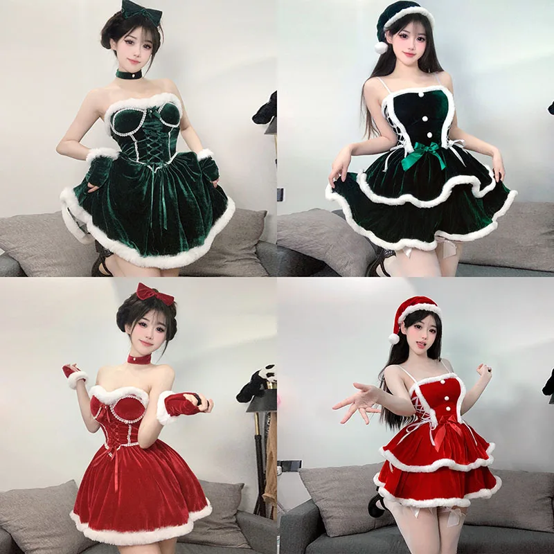 Weihnachten Samt Prinzessin Kleid Schleife Nettes Mädchen Weihnachten Puffy Rock Cosplay Kostüm Neujahr Outfits Nachthemd Rollenspiel Kleider Set