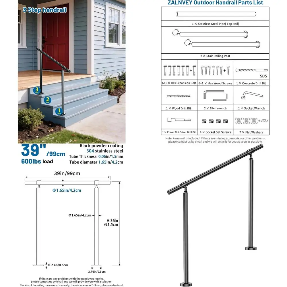 

3-ступенчатые черные лестничные перила, перила для внутренних и наружных ступеней, диаметр 1,65 дюйма, круглые переходные палубы для крыльца из нержавеющей стали DIY 304 Ha