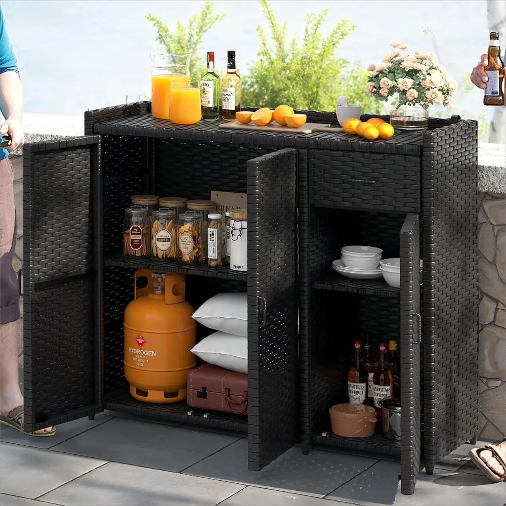 Outdoor Storage Cabinet, Weather-proof Rattan Bar Table with Two Doors, Adjustable Shelves & Foldable Drawer,   Black