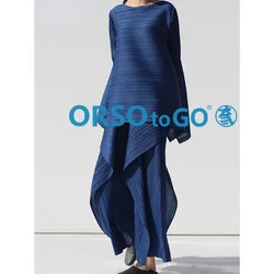 Miyake Pleated Women's Irregular T-shirt Round Neck Solid Loose Top Pants Two Piece Set 2024 Autumn Fashion Wide Leg Pants Set