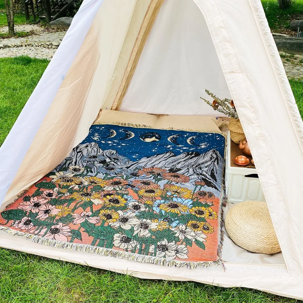 

Celestial Sunflower Throw Blanket, Woven Tassel Blanket for Home & Outdoor Use Camping Blanket, Lightweight & Foldable 130x160cm